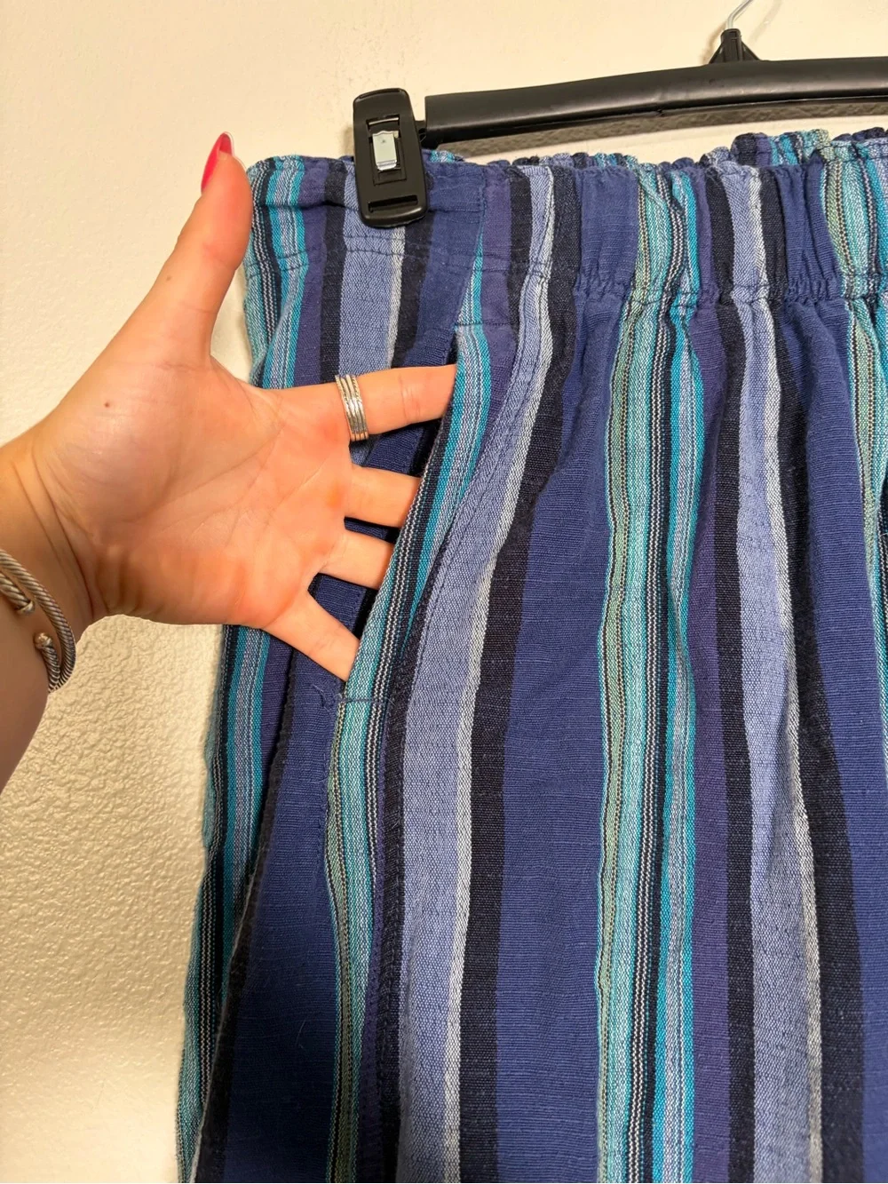 Free People Day’s End Linen Striped Pull on Pants in Navy Combo - M